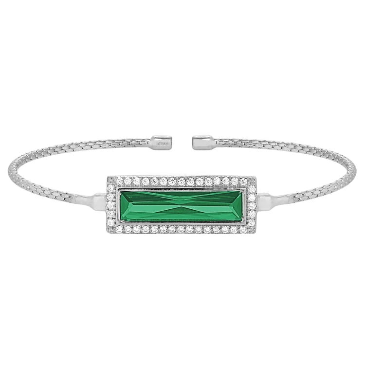 Rhodium Finish Sterling Silver Cable Cuff Bracelet with Rectangular Simulated Emerald Stone and Simulated Diamonds