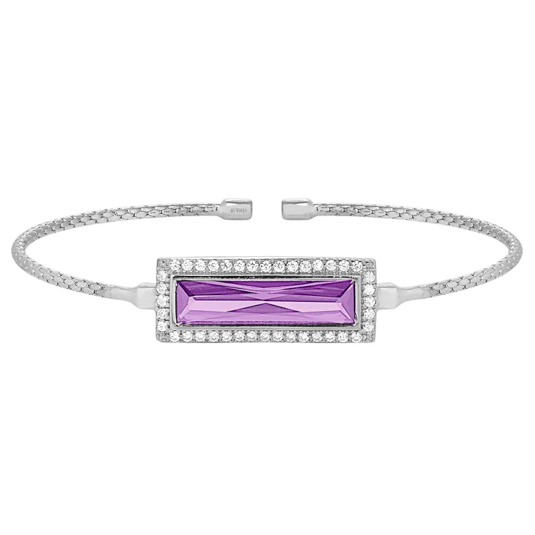 Rhodium Finish Sterling Silver Cable Cuff Bracelet with Rectangular Simulated Light Amethyst Stone and Simulated Diamonds