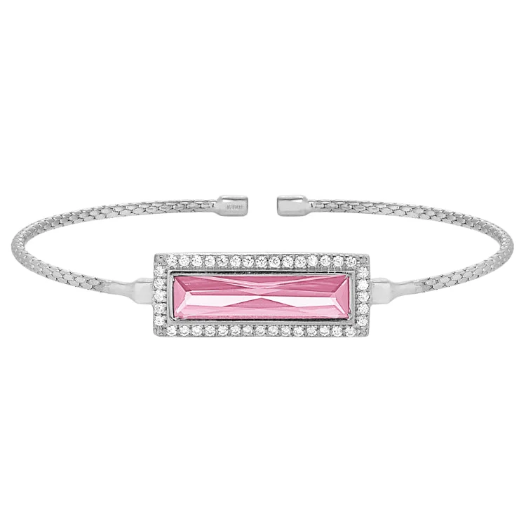 Rhodium Finish Sterling Silver Cable Cuff Bracelet with Rectangular Simulated Pink Sapphire Stone and Simulated Diamonds