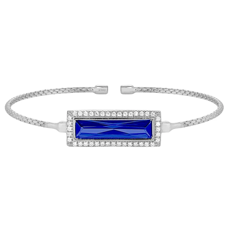 Rhodium Finish Sterling Silver Cable Cuff Bracelet with Rectangular Simulated Sapphire Stone and Simulated Diamonds