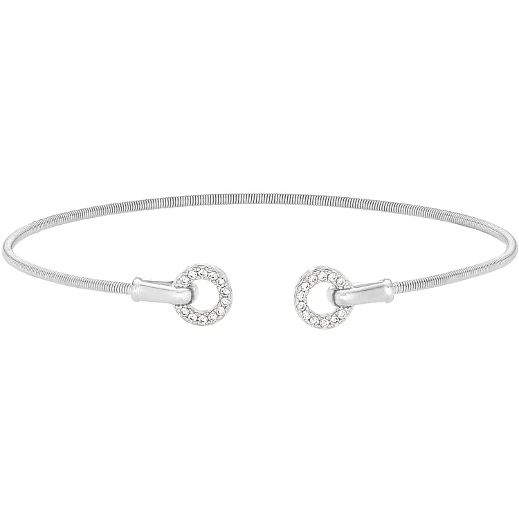 Rhodium Finish Sterling Silver Cable Cuff Bracelet with Simulated Diamond Open Circles