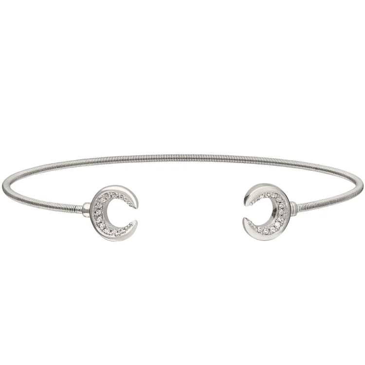 Rhodium Finish Sterling Silver Cable Cuff Bracelet with Simulated Diamond Upside Down Crescent Moons