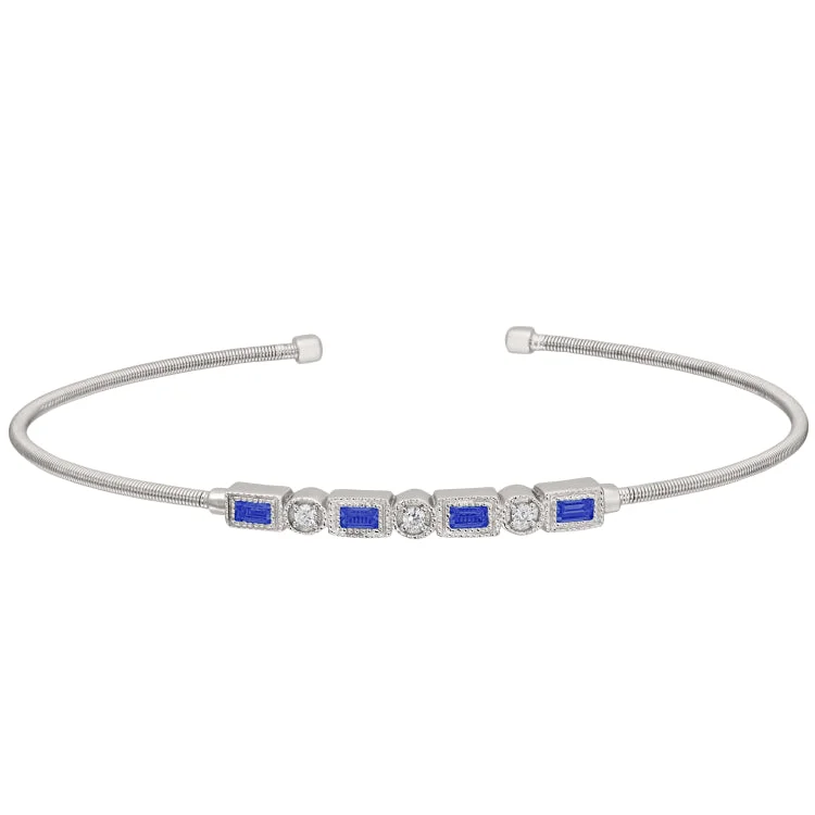 Rhodium Finish Sterling Silver Cable Cuff Bracelet with Simulated Sapphires and Simulated Diamonds