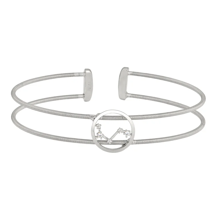 Rhodium Finish Sterling Silver Cable Cuff Constellation Bracelet with Simulated Diamonds - Aries