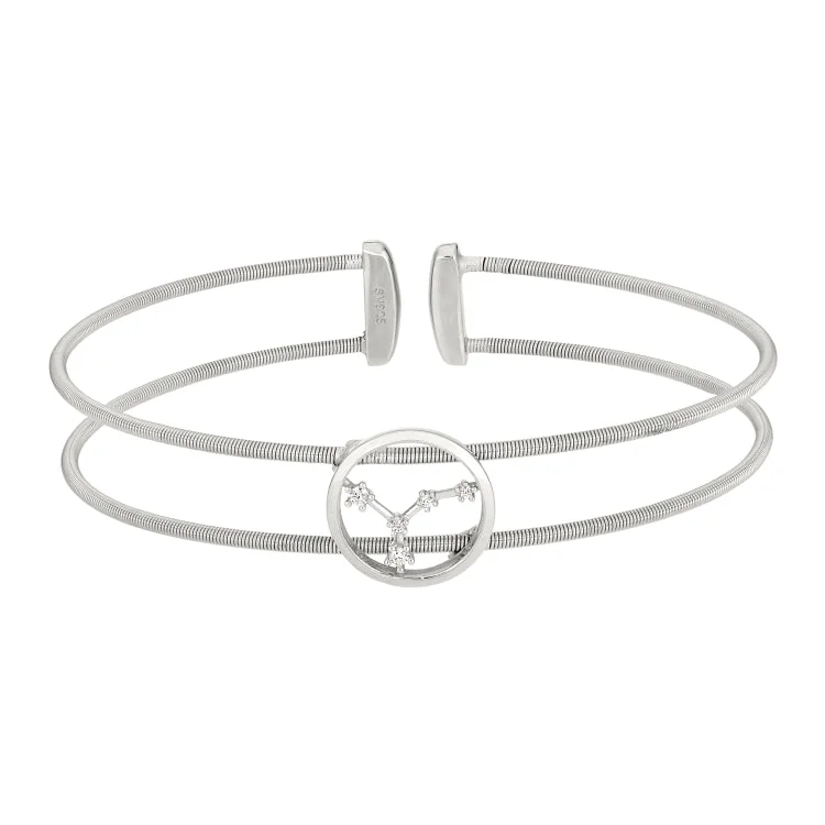 Rhodium Finish Sterling Silver Cable Cuff Constellation Bracelet with Simulated Diamonds - Cancer