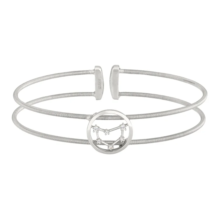 Rhodium Finish Sterling Silver Cable Cuff Constellation Bracelet with Simulated Diamonds - Capricorn