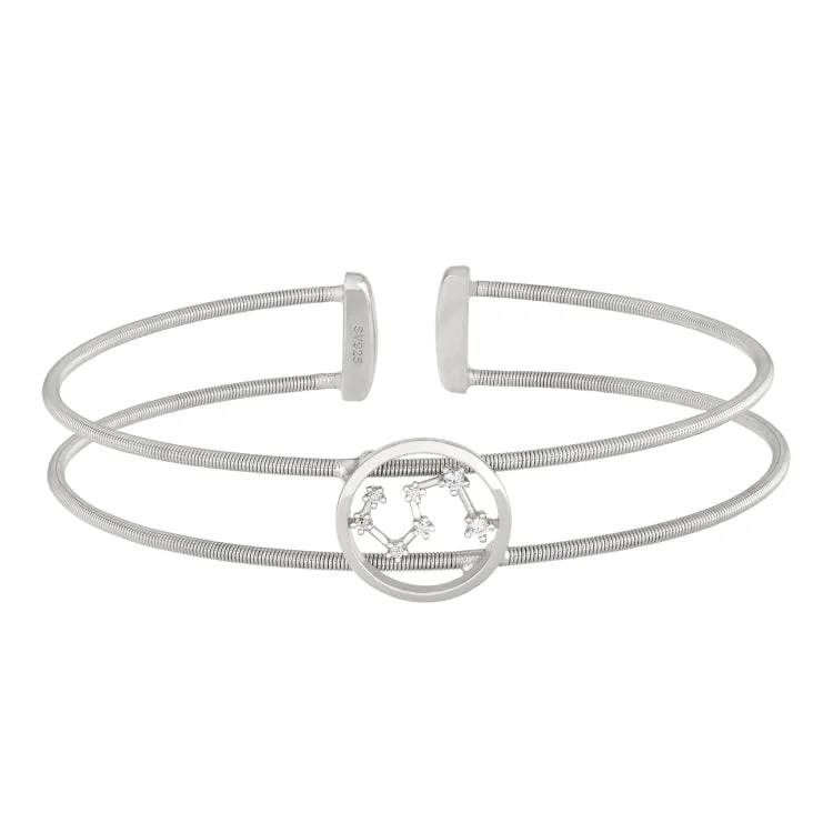 Rhodium Finish Sterling Silver Cable Cuff Constellation Bracelet with Simulated Diamonds - Leo