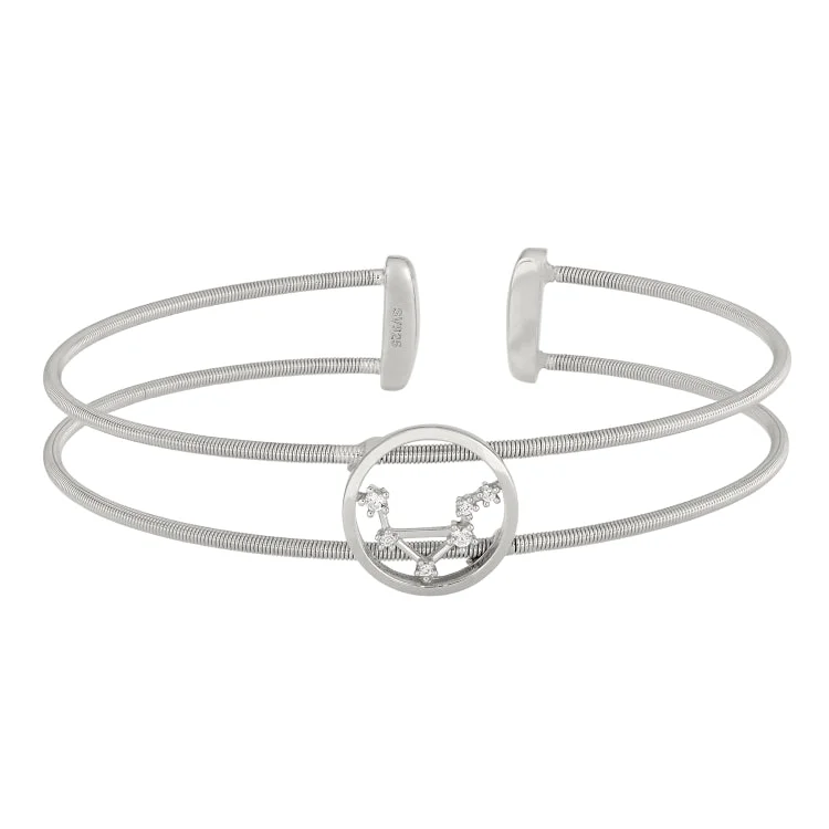 Rhodium Finish Sterling Silver Cable Cuff Constellation Bracelet with Simulated Diamonds - Libra