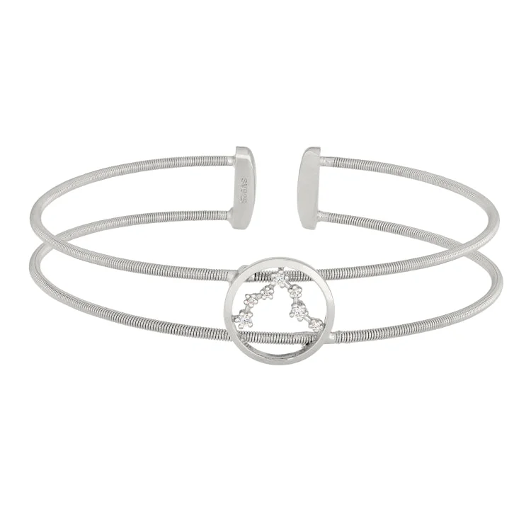 Rhodium Finish Sterling Silver Cable Cuff Constellation Bracelet with Simulated Diamonds - Pisces