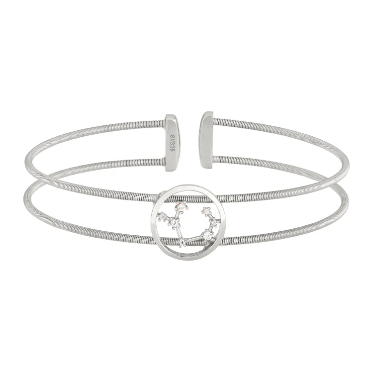 Rhodium Finish Sterling Silver Cable Cuff Constellation Bracelet with Simulated Diamonds - Sagittarius