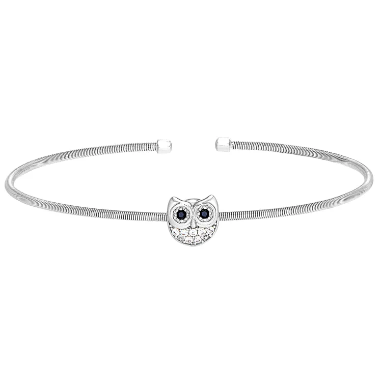 Rhodium Finish Sterling Silver Cable Cuff Owl Bracelet with Simulated Diamonds