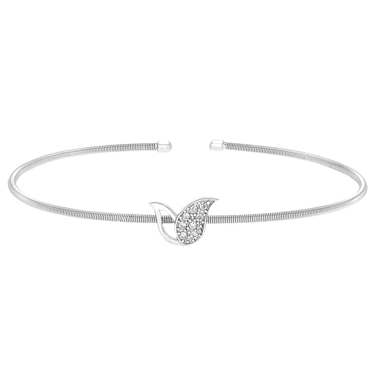 Rhodium Finish Sterling Silver Cable Cuff Tulip Bracelet with Simulated Diamonds