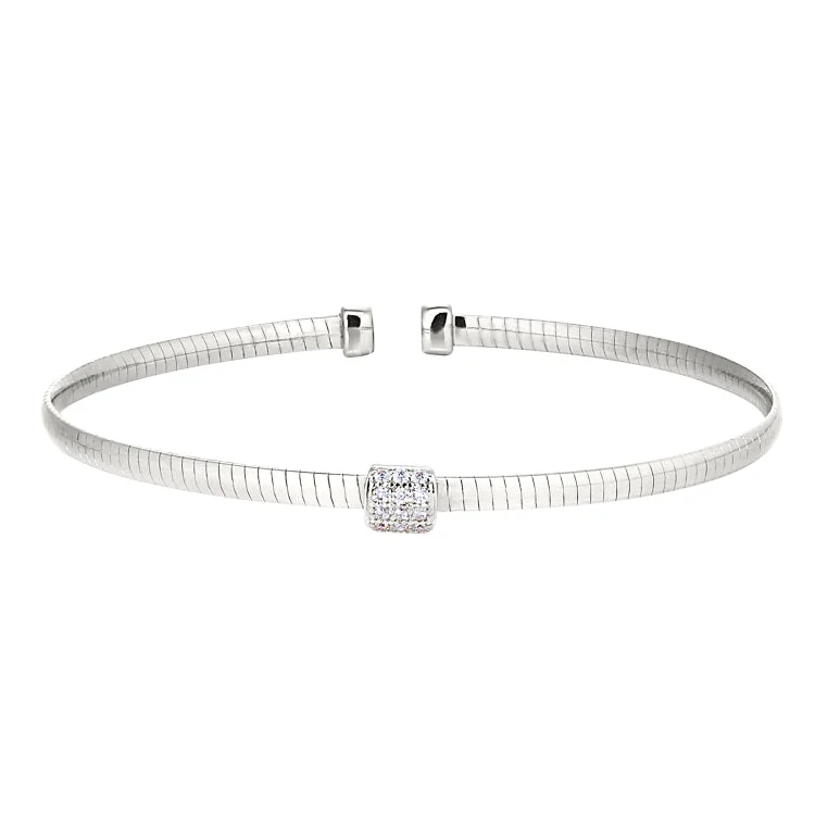 Rhodium Finish Sterling Silver Omega Cable Cuff Bracelet with Central Square with Simulated Diamonds