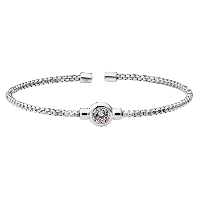 Rhodium Finish Sterling Silver Rounded Box Link Cuff Bracelet with Bezel Set Simulated Diamond Birth Gem