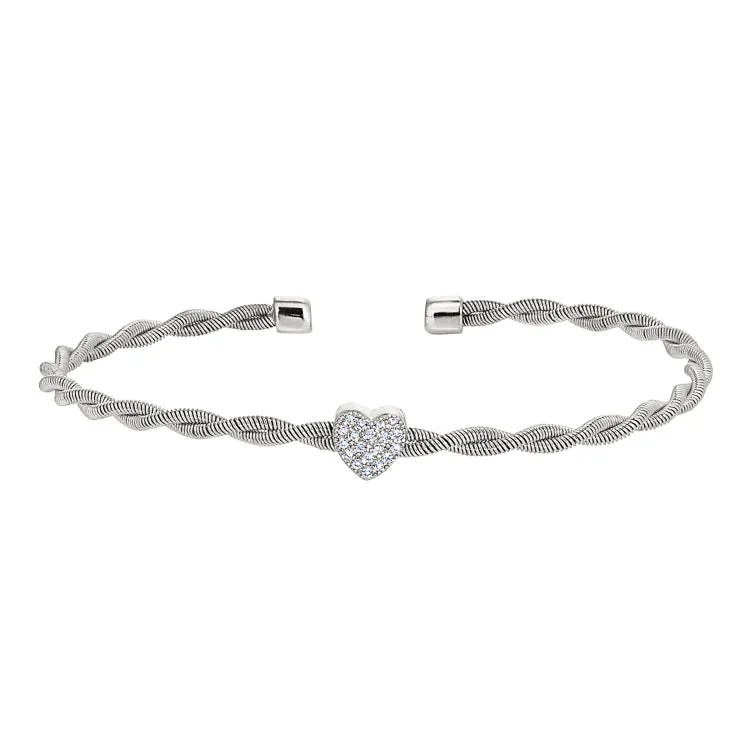 Rhodium Finish Sterling Silver Thin Tightly Twisted Cable Cuff Bracelet with Heart with Simulated Diamonds