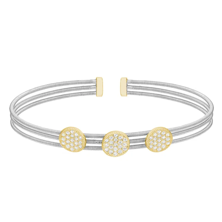 Rhodium Finish Sterling Silver Three Cable Cuff Bracelet with Gold Finish Simulated Diamond Three Large Circles