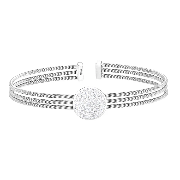 Rhodium Finish Sterling Silver Three Cable Cuff One Circle Bracelet with Simulated Diamonds