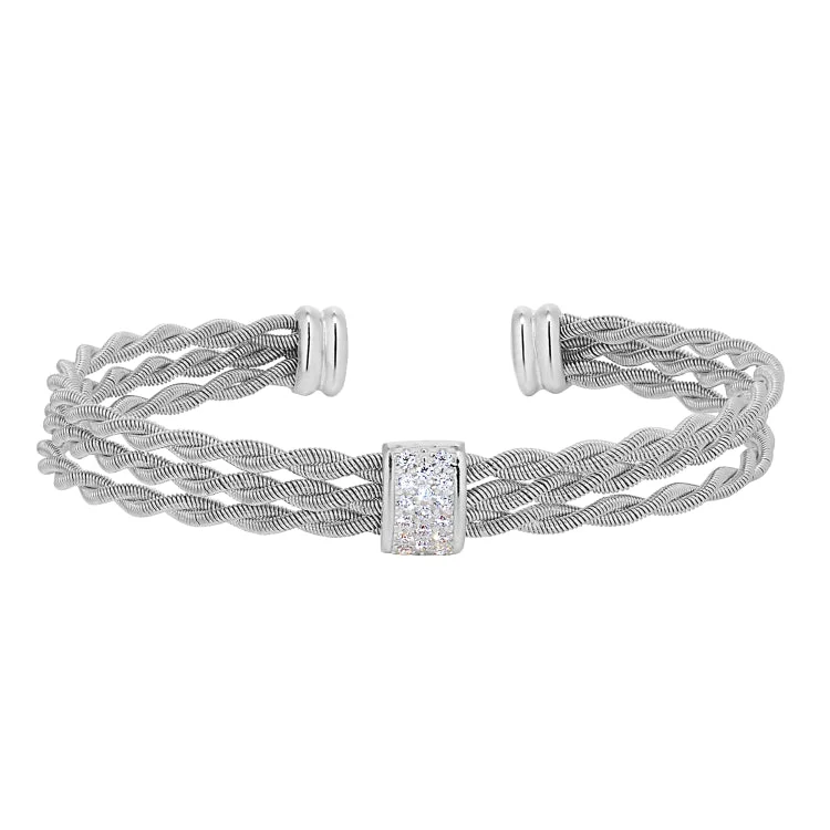 Rhodium Finish Sterling Silver Tightly Twisted Three Cable Cuff Bracelet with Central Bar with Simulated Diamonds