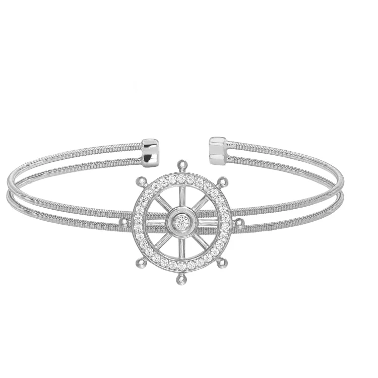 Rhodium Finish Sterling Silver Two Cable Ships Wheel Cuff Bracelet Bracelet with Simulated Diamonds