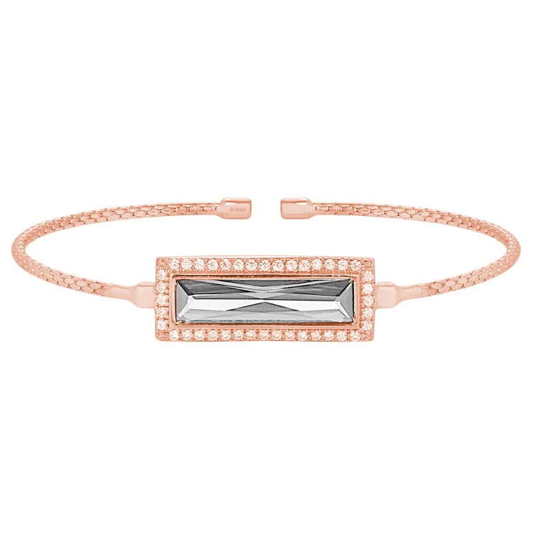 Rose Gold Finish Sterling Silver Cable Cuff Bracelet with Rectangular Simulated Diamond Stone and Simulated Diamonds