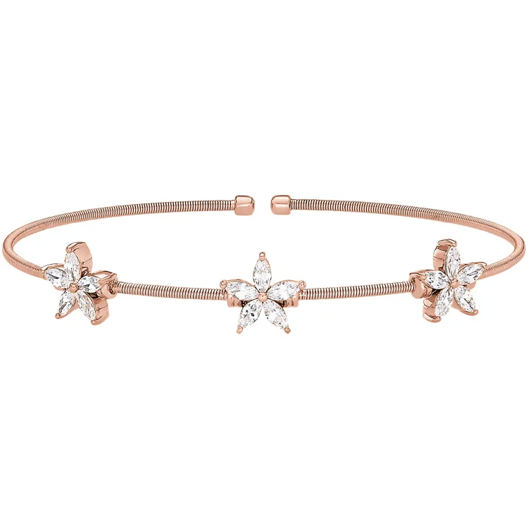 Rose Gold Finish Sterling Silver Cable Cuff Bracelet with Simulated Diamond Flowers