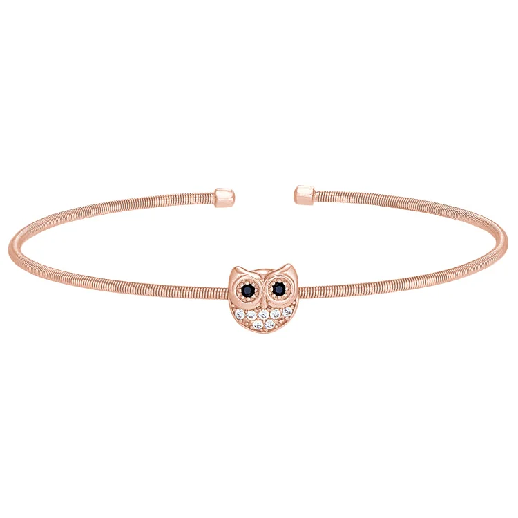 Rose Gold Finish Sterling Silver Cable Cuff Owl Bracelet with Simulated Diamonds