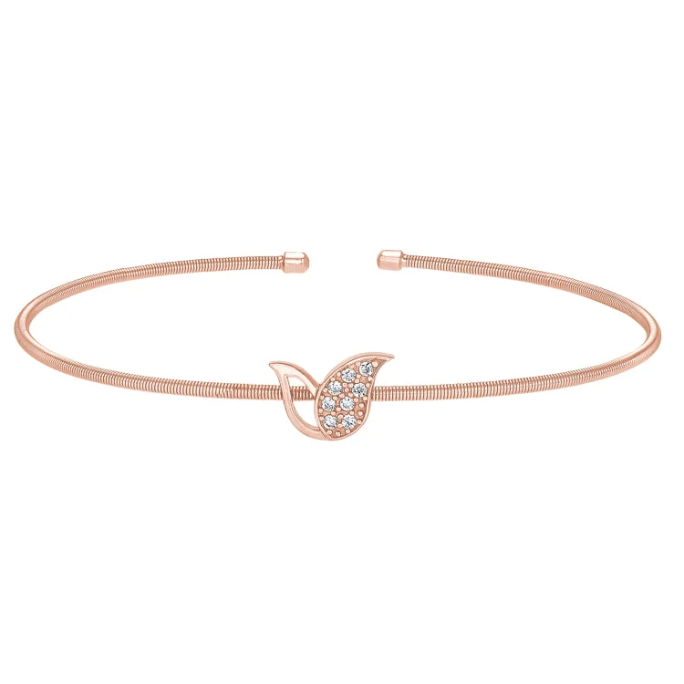 Rose Gold Finish Sterling Silver Cable Cuff Tulip Bracelet with Simulated Diamonds