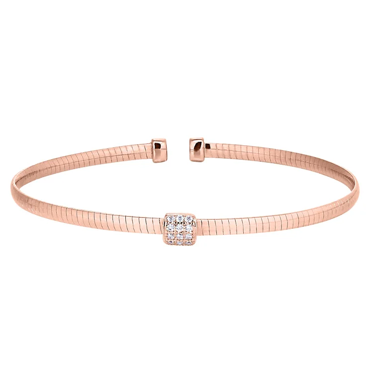 Rose Gold Finish Sterling Silver Omega Cable Cuff Bracelet with Central Square with Simulated Diamonds