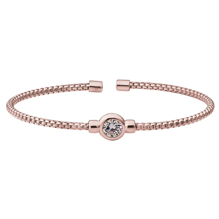 Rose Gold Finish Sterling Silver Rounded Box Link Cuff Bracelet with Bezel Set Simulated Diamond Birth Gem