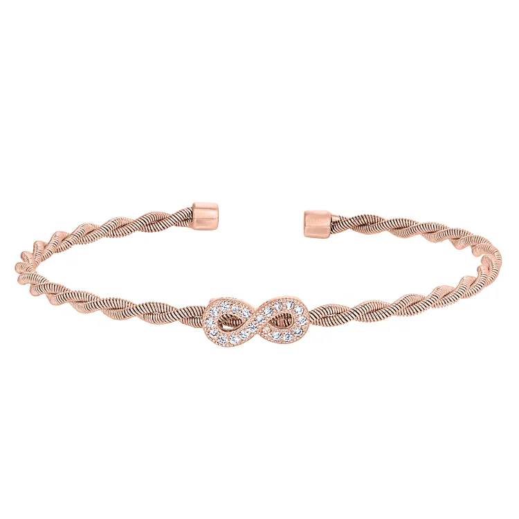 Rose Gold Finish Sterling Silver Thin Tightly Twisted Cable Cuff Bracelet with Infinity with Simulated Diamonds