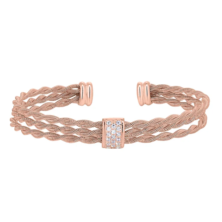 Rose Gold Finish Sterling Silver Tightly Twisted Three Cable Cuff Bracelet with Central Bar with Simulated Diamonds