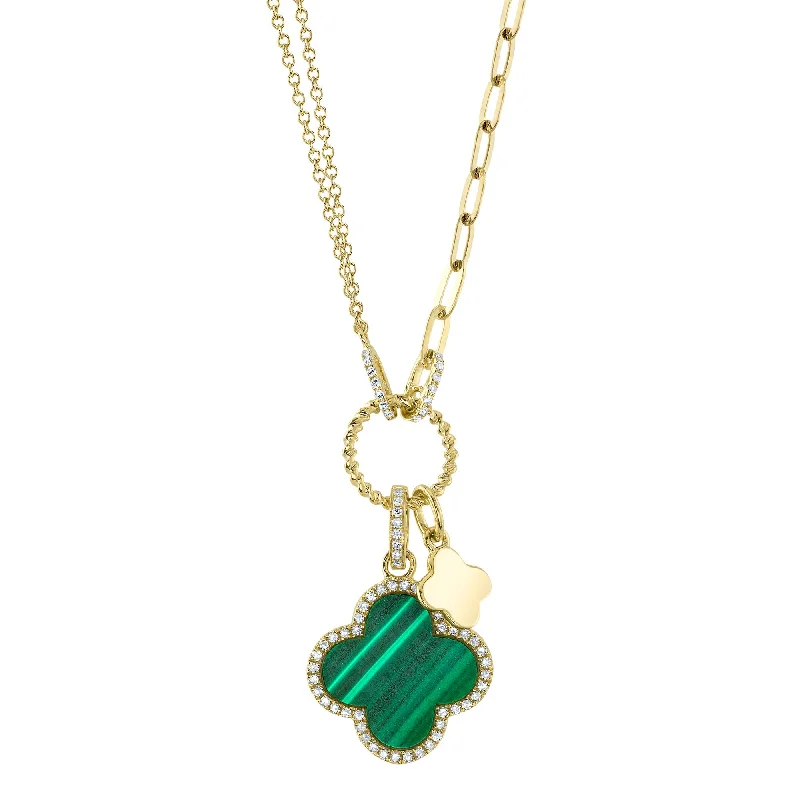 0.17CT DIAMOND & 1.88CT MALACHITE 14K Y/G CLOVER PAPER CLIP LINK NECKLACE