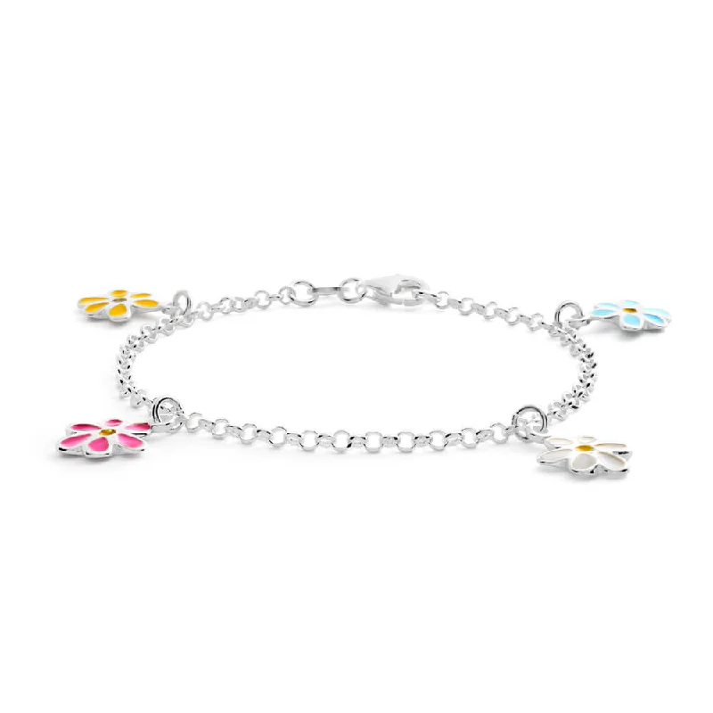 Sterling Silver Assorted Flower 16cm Bracelet