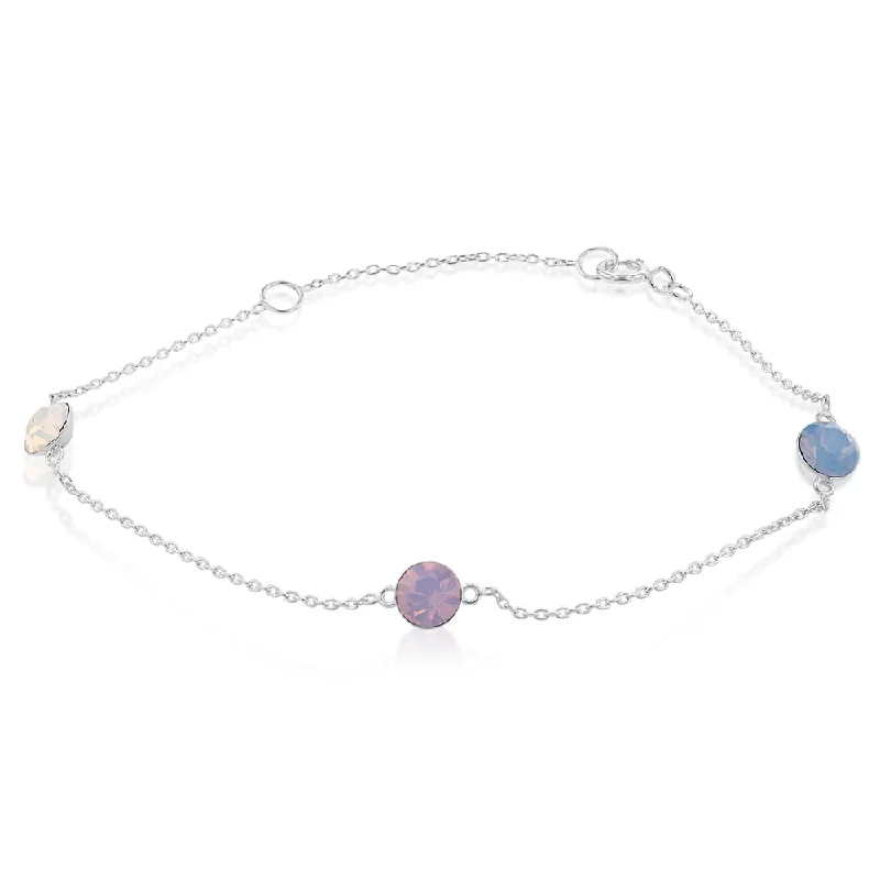 Sterling Silver Colour Stones Rose,White,Crysolite Charm 19cm Bracelet