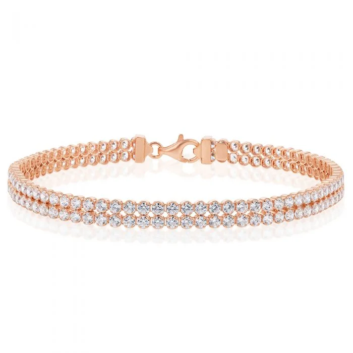 Sterling Silver Rose Gold Plated Two Row Cubic Zirconia Tennis 19cm Bracelet