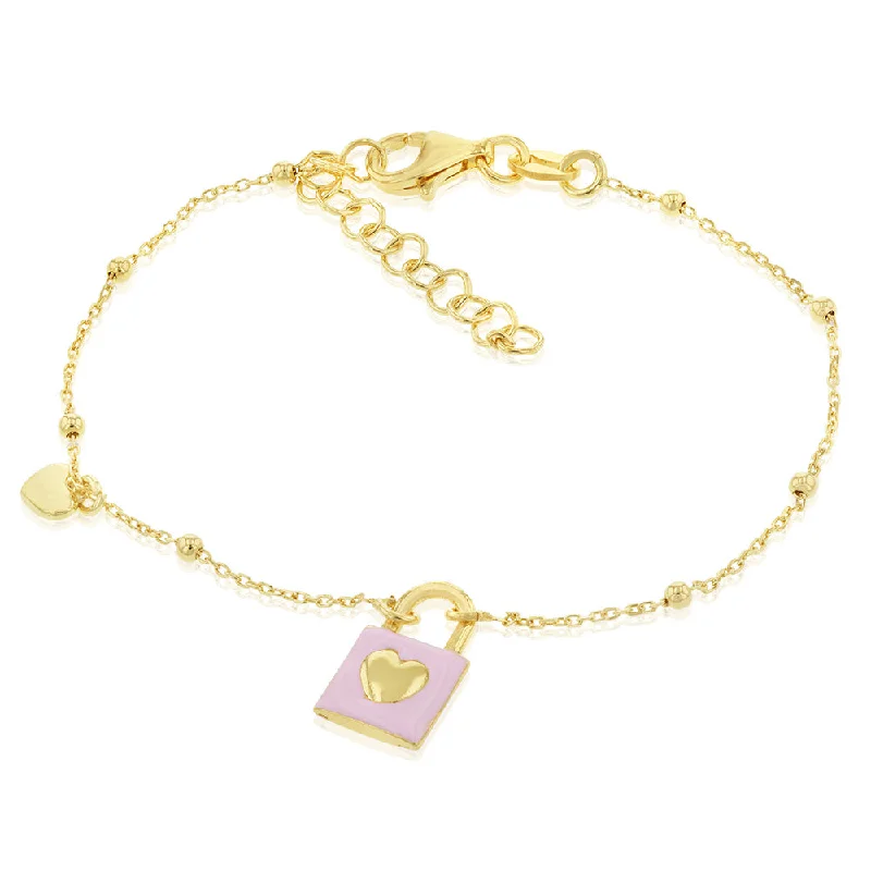 Sterling Silver Yellow Gold Plated Pink Enamel Lock19cm Bracelet