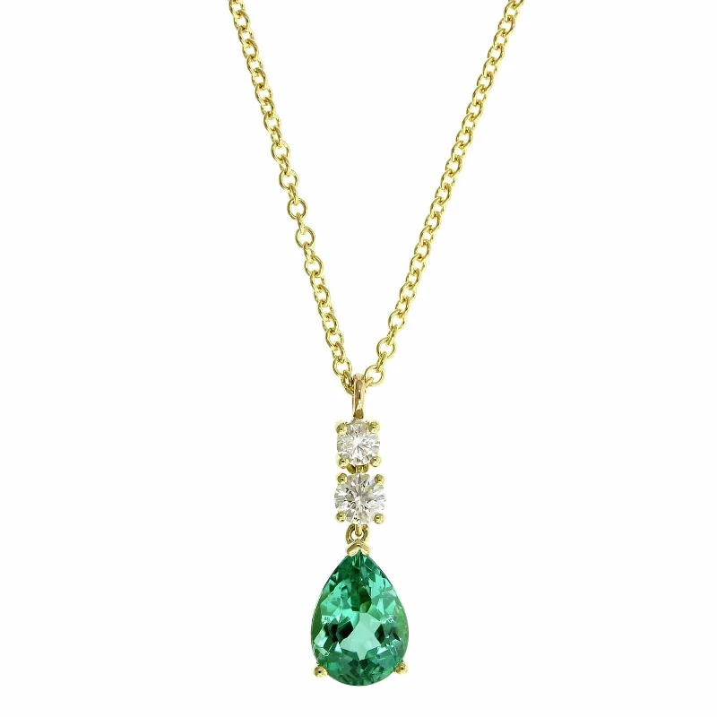 18K Yellow Gold Green Pear Shape Tourmaline Diamond Pendant