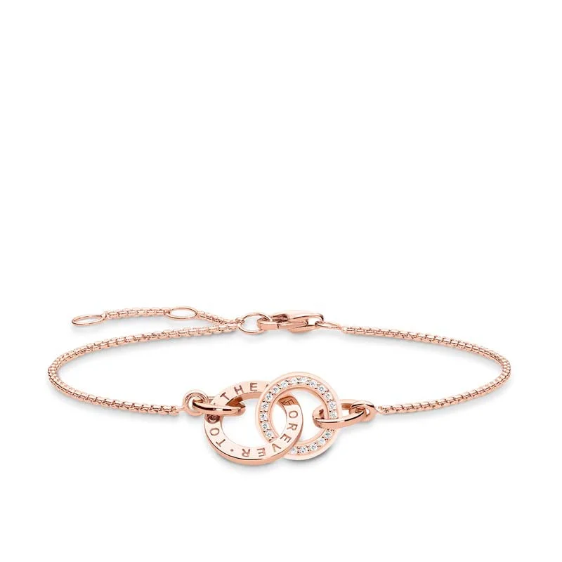 Thomas Sabo Rose Gold Plated Sterling Silver Together Rings CZ 16-19cm Bracelet