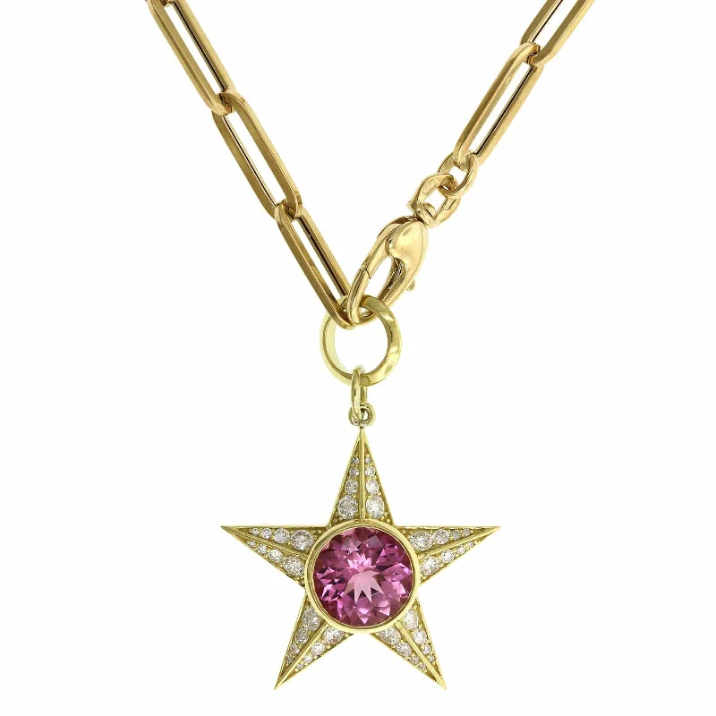 18K Yellow Gold Pink Topaz Star Diamond Necklace