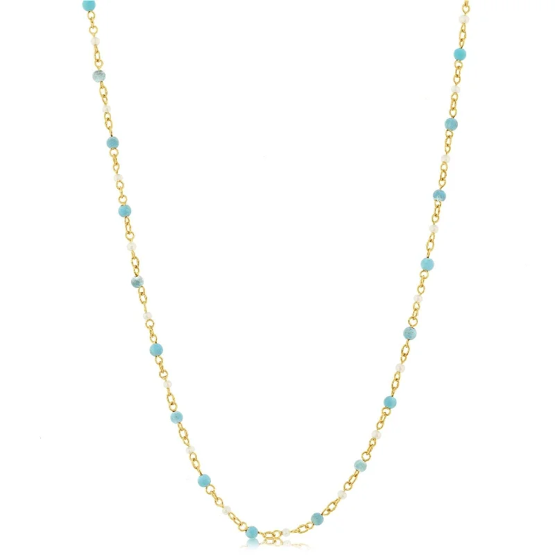 Turquoise & Pearl Station Bead Necklace